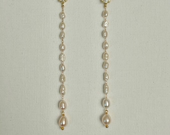 Baroque Pearl Long Drop Earrings, Graduated Freshwater Pearl Tassel Earrings, Bridal Wedding Jewelry, Dainty Gold Pearl Dangle, Gift for Her