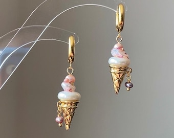 Strawberry Swirl Baroque Pearl Ice Cream Cone Earrings, Handmade Fun Statement Jewelry Summer Gift, Whimsical Pearl Earrings, Unique Earring