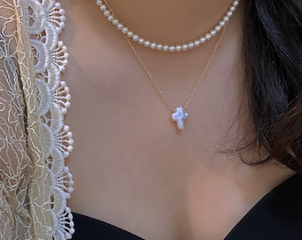 Minimalist White Baroque Cross Pearl Necklace Dainty Pearl Necklace gift for her Religious Necklace Gift for Shower