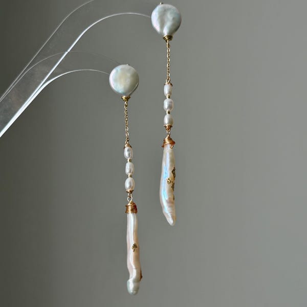 Moonflare Lunar Tassel Dangle Earrings  Moon Coin Pearl  Baroque Stick Pearl Drop  Long Celestial Statement Earring Bridesmaid Gift for her