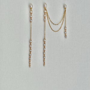 Etherea 4 Inch Extra Long Pearl Drop Earrings, Freshwater Pearl Shoulder Dusters, Minimalist Gold Chain Dangle Earrings