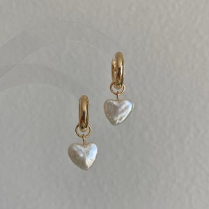 Dainty pearl Heart earrings on 14k gold studs-Pearl Heart Minimalism dangle earrings-Heart Jewelry Set-Heart necklace Bridesmaid Gift