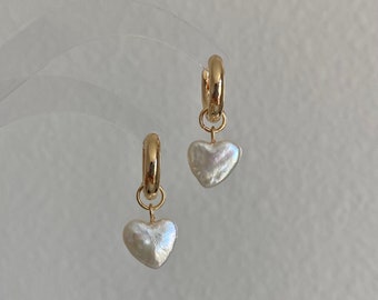 Dainty pearl Heart earrings on 14k gold studs-Pearl Heart Minimalism dangle earrings-Heart Jewelry Set-Heart necklace Bridesmaid Gift