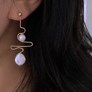 Handmade Unique Minimalist Line Art Baroque Pearl stud Earrings Modern Design Earring Bridesmaid Gift Birthday gift for her  Elegant Earring