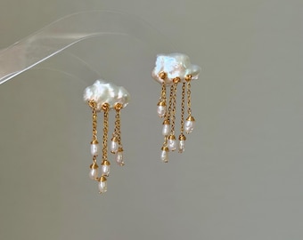 Thunderstorm Cloud Rain Baroque Pearl Earrings  Freshwater Pearl Drizzle Dangle Earrings Handmade Whimsical Rainstorm Statement earring