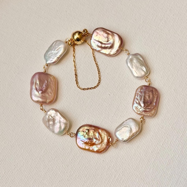 Soft Dream Baroque Pearl Magnetic Clasp Bracelet with Safety Chain  Natural Iridescent Freshwater Pearls,  Handmade Elegant Gift for Her