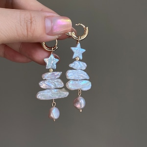 Holiday special natural freshwater baroque star pearl biwa pipa christmas tree dangle earring,gift for her,christmas gift