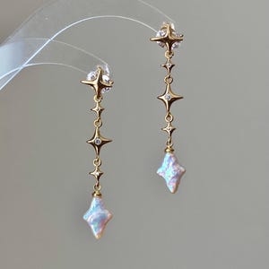 Dainty elegant Dreamworld Baroque cross star Pearl Drop Earring Gold Filled dangle stud earrings Minimalism  Bridesmaid Gift for her