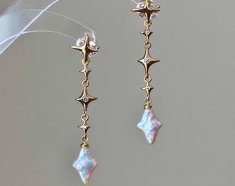 Dainty elegant Dreamworld Baroque cross star Pearl Drop Earring Gold Filled dangle stud earrings Minimalism  Bridesmaid Gift for her