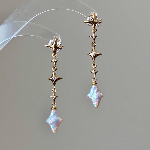 Dainty elegant Dreamworld Baroque cross star Pearl Drop Earring Gold Filled dangle stud earrings Minimalism  Bridesmaid Gift for her