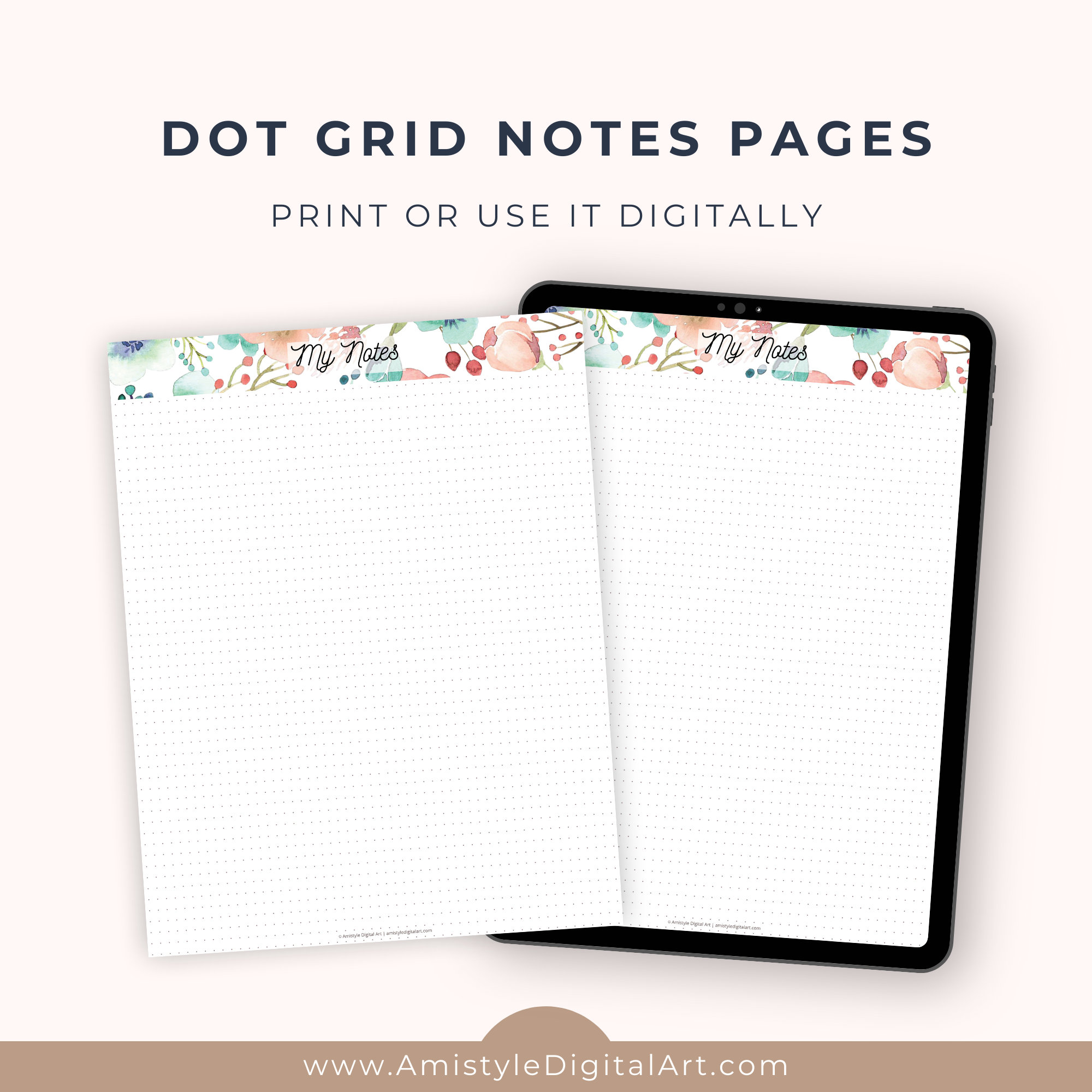 Printable Dot Grid Notes Page, Watercolor Floral Dot Grid Notes ...