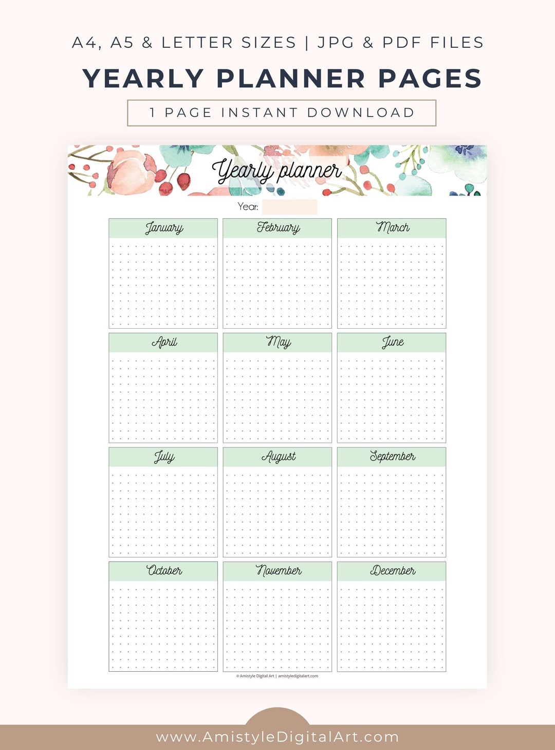 Yearly Planner Printable PDF, Undated Annual Organizer,watercolor ...