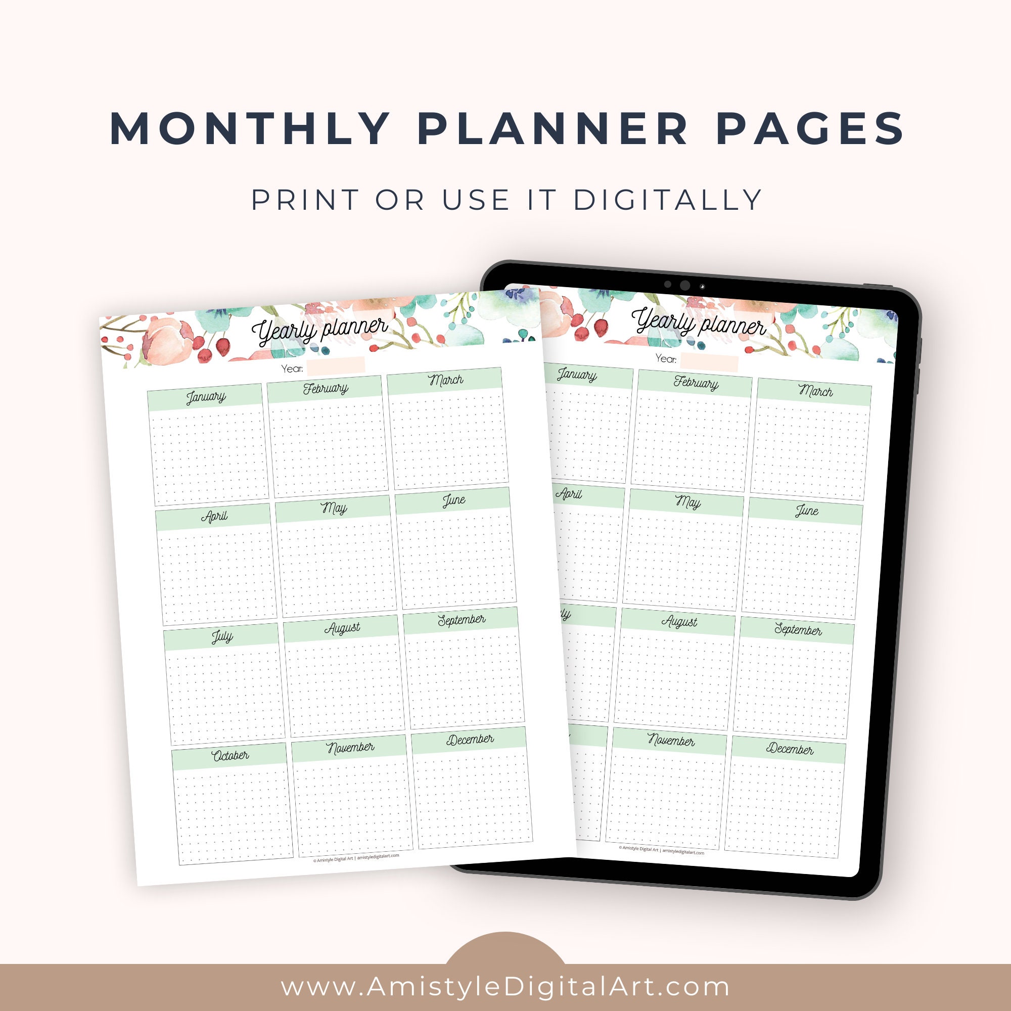 Yearly Planner Printable PDF, Undated Annual Organizer,watercolor ...