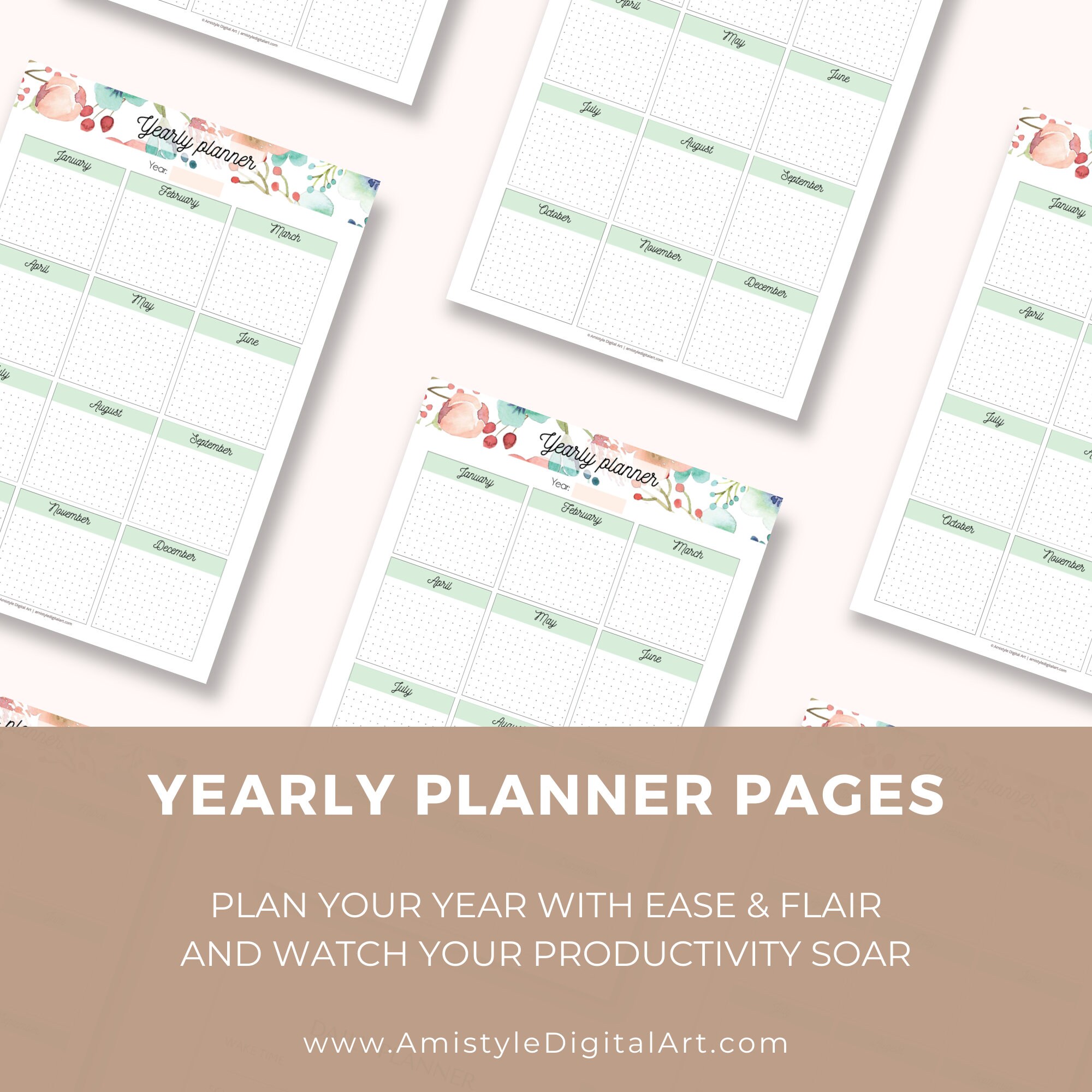 Yearly Planner Printable PDF, Undated Annual Organizer,watercolor Floral Planner, Instant ...