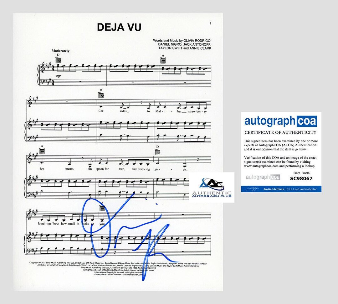 Olivia Rodrigo Autograph Signed Deja Vu Sheet Music Acoa Etsy