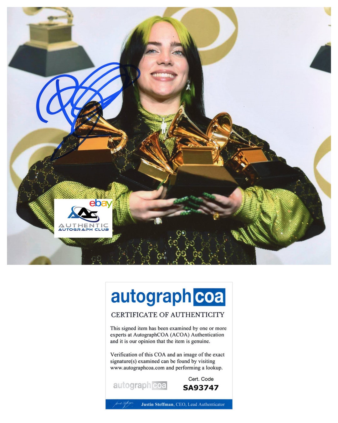 Billie Eilish Autograph Signed 8x10 Photo Singer Acoa Coa - Etsy