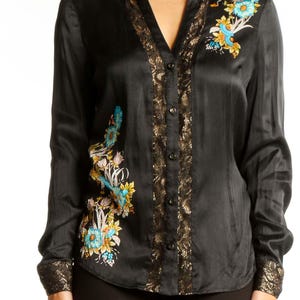 Black Silk Embroidered Button-Up Blouse / S / Good