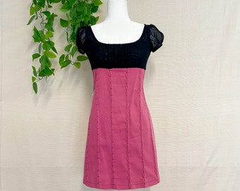 Rare/ Y2K Vintage / Black Pink Colorblock Mini Cocktail Dress / Mesh Bust / Textured Skirt / Brand: Serious/ Waist 28"