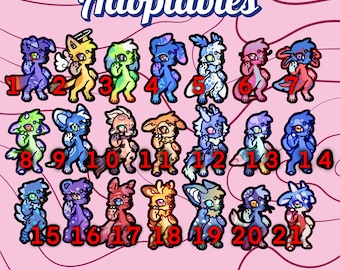 May include: A pink background with the word "Adoptables" in white script. The image features 21 cartoon creatures in various colors, each with a unique design and numbered from 1 to 21. The creatures have animal-like features.