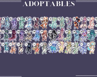May include: A collection of 42 colorful digital adoptables, each with a unique design and personality. The adoptables are arranged in rows, numbered 1 through 42.