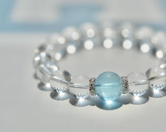 10.5~11mm round beaded ultra high quality natural Clear Quartz bracelet, with a 12~13mm natural Aquamarine bead, length(20cm) [S0009]