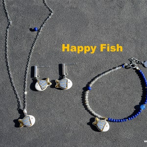 Oriental ceramics Happy Fish series : necklace, bracelet, earrings. Original design and pure  handmade.[C0006]