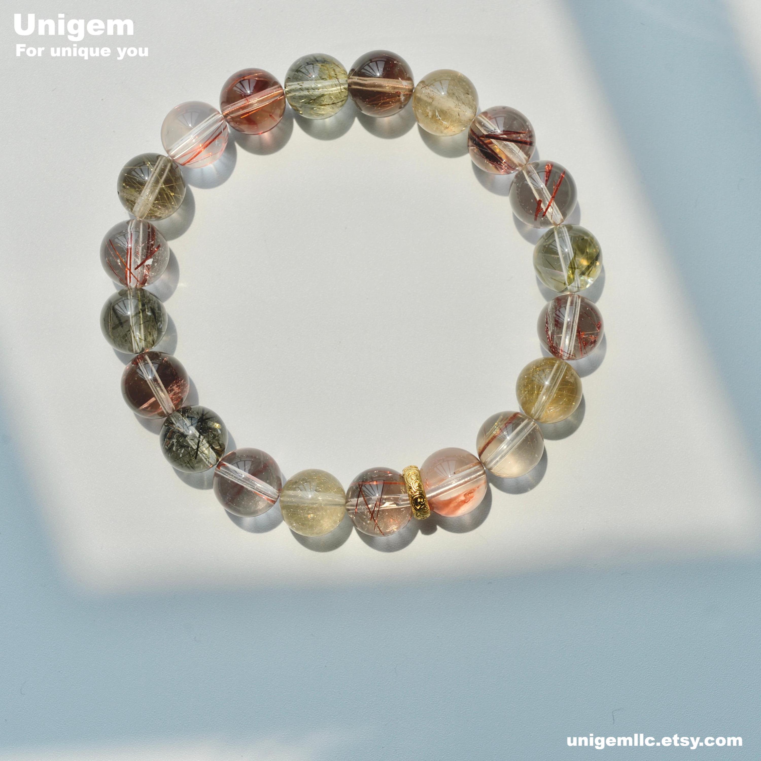 9~9.5mm round beaded ultra high quality natural Colored Rutilated Quartz bracelet (length:19cm)[S0007]