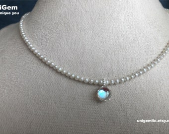 3-3.5mm natural freshwater  peals necklace with a beautiful Moonstone crystal pendant and 925 silver closure(length:16-18inches)[P0018]