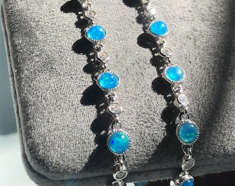 11pcs 4mm natural blue Opal gemstones inlaid in 925 silver bracelet with great colorful luster(length:7inches)[O0033]