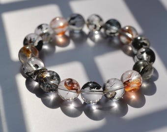 11.5~12mm round beaded ultra high quality natural black, red phantom quartz bracelet (length:19.5~20cm)[S0004]
