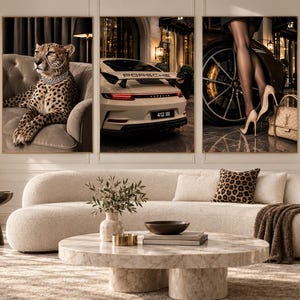 May include: A triptych wall art set featuring a cheetah on a tufted sofa, the rear view of a white Porsche sports car, and a pair of legs in sheer black stockings wearing high heels next to a luxury handbag, displayed above a curved cream sofa.