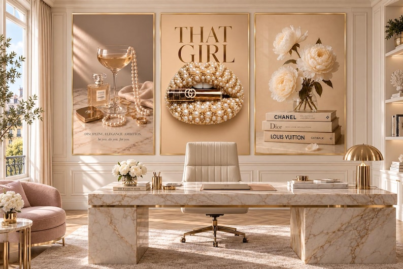 May include: A home office featuring a marble desk, a cream chair, and three large wall art prints. The left print shows a perfume bottle, pearls, and a glass. The center print displays lips covered in pearls with the text THAT GIRL. The right print shows flowers and books labeled Chanel, Dior, and Louis Vuitton.