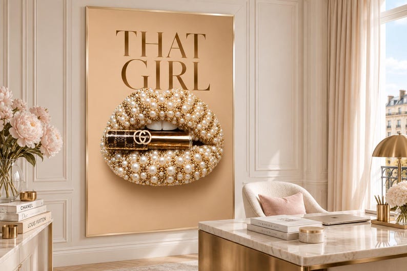 May include: A rectangular wall art print featuring a beige background with the text THAT GIRL in large dark letters. Centered is a graphic of lips covered in white pearls and gold beads, holding a gold lipstick tube with a double G logo.
