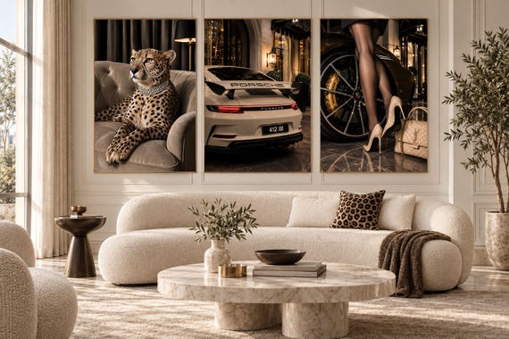 Luxury Fashion Wall Art Set of 3, Old Money Decor, Leopard Wall Art, Fashion Editorial Canvas, Neutral Beige Wall Decor, Bedroom Printable
