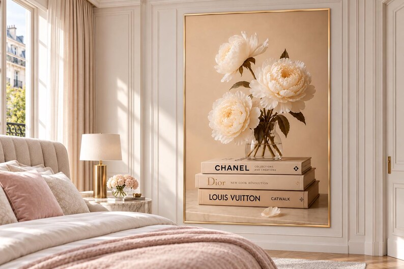 May include: A large framed wall art print featuring a glass vase filled with three cream-colored peony flowers resting on a stack of three beige books labeled Chanel, Dior, and Louis Vuitton, set against a soft, neutral-toned background.