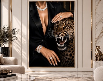 Luxury Leopard Wall Art Print,Black & Gold Fashion Poster, Quiet Luxury Decor, Old Money Aesthetic,Diamond Jewelry Artwork, Digital Download