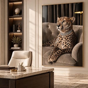 May include: A large rectangular wall art piece featuring a portrait of a cheetah wearing a multi-layered pearl necklace and a delicate pearl chain draped across its snout. The cheetah is resting on a tufted, light brown upholstered sofa.
