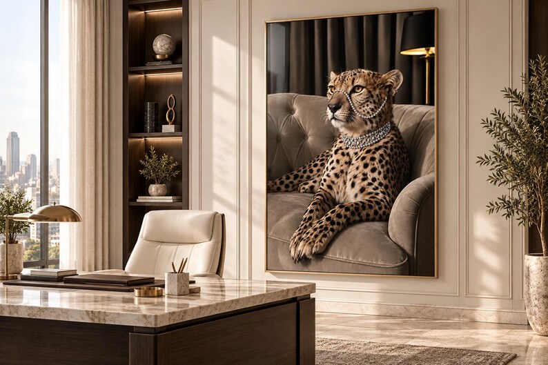 May include: A large rectangular wall art piece featuring a portrait of a cheetah wearing a multi-layered pearl necklace and a delicate pearl chain draped across its snout. The cheetah is resting on a tufted, light brown upholstered sofa.