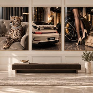 May include: A triptych wall art set featuring a cheetah wearing a diamond necklace on a tufted sofa, a white Porsche sports car from the rear, and a pair of legs in high heels standing next to a luxury handbag and a large car wheel.