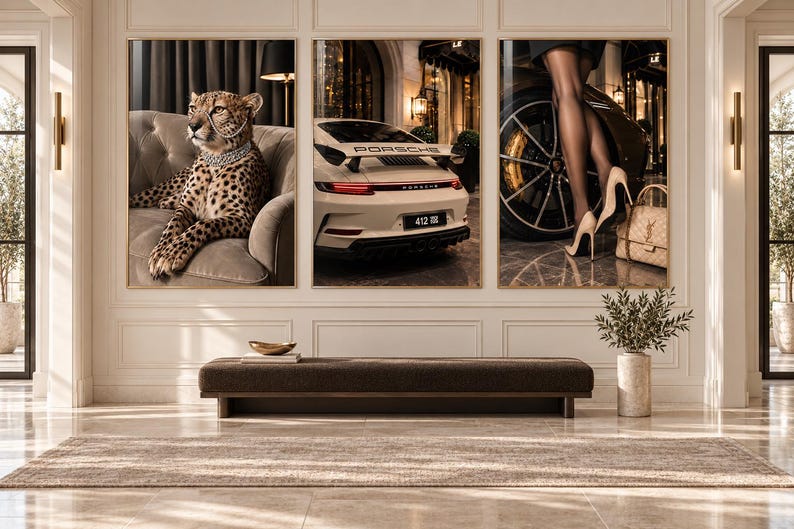 May include: A triptych wall art set featuring a cheetah wearing a diamond necklace on a tufted sofa, a white Porsche sports car from the rear, and a pair of legs in high heels standing next to a luxury handbag and a large car wheel.