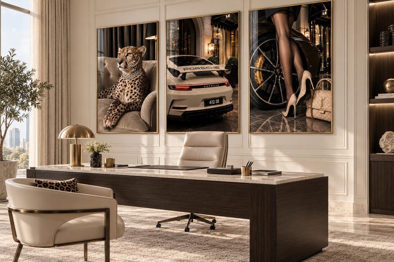 May include: A set of three framed wall art prints displayed above a desk. The left print shows a cheetah wearing a diamond necklace on a sofa. The center print features a white Porsche car. The right print depicts legs in stockings and heels.