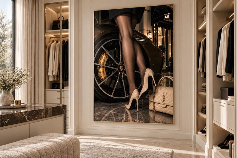 May include: A large framed wall art piece depicting a pair of legs in sheer black stockings and beige high-heeled pumps standing next to a luxury car wheel and a quilted beige handbag with a gold logo, displayed in a walk-in closet setting.