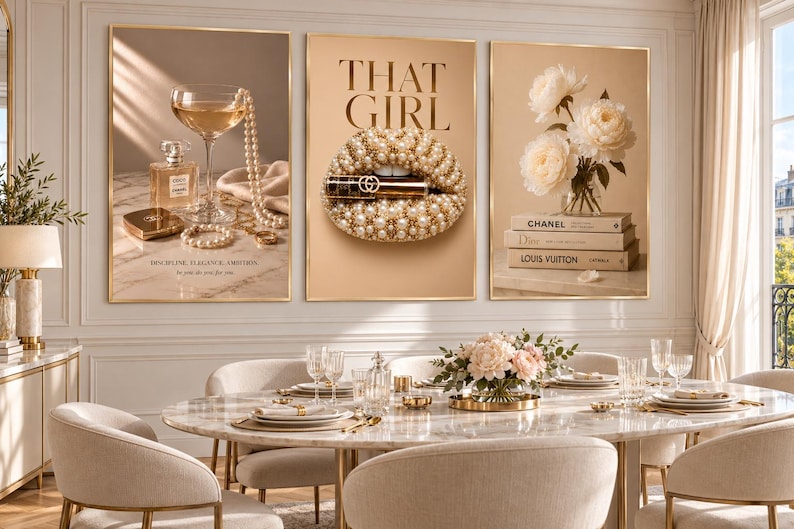 May include: A set of three framed wall art prints featuring luxury fashion themes. The left print shows a perfume bottle, champagne glass, and pearls. The center print displays pearl-encrusted lips with the text THAT GIRL. The right print shows white flowers on stacked designer books.