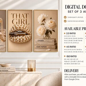 May include: A set of three digital art prints featuring a champagne glass with pearls, lips adorned with pearls holding a lipstick with the text THAT GIRL, and a bouquet of white peonies atop stacked books labeled Chanel, Dior, and Louis Vuitton.