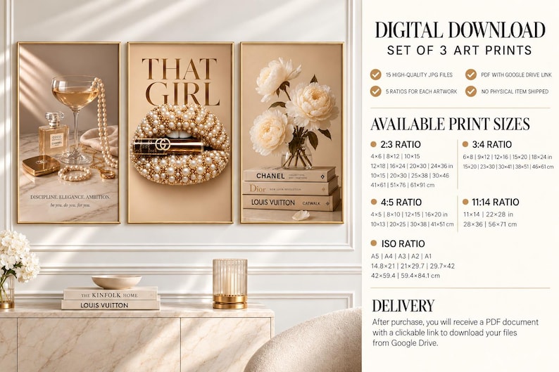 May include: A set of three digital art prints featuring a champagne glass with pearls, lips adorned with pearls holding a lipstick with the text THAT GIRL, and a bouquet of white peonies atop stacked books labeled Chanel, Dior, and Louis Vuitton.