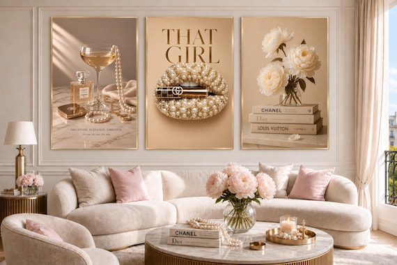 That Girl Wall Art Set of 3, Luxury Fashion Decor, Pearl Lips Print, Champagne & Peony Posters, Beige Wall Art