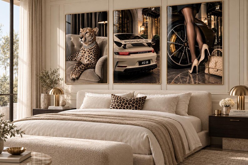 May include: A triptych of framed wall art featuring a cheetah wearing a diamond necklace on a chair, a white Porsche sports car, and a pair of legs in black stockings standing next to a luxury handbag, displayed above a beige upholstered bed.
