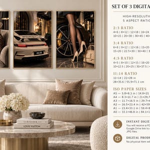 May include: A set of three digital art prints featuring a cheetah on a sofa, the rear of a white Porsche, and legs in heels next to a car wheel. The text lists aspect ratios and ISO paper sizes for high-resolution JPG files available for download.