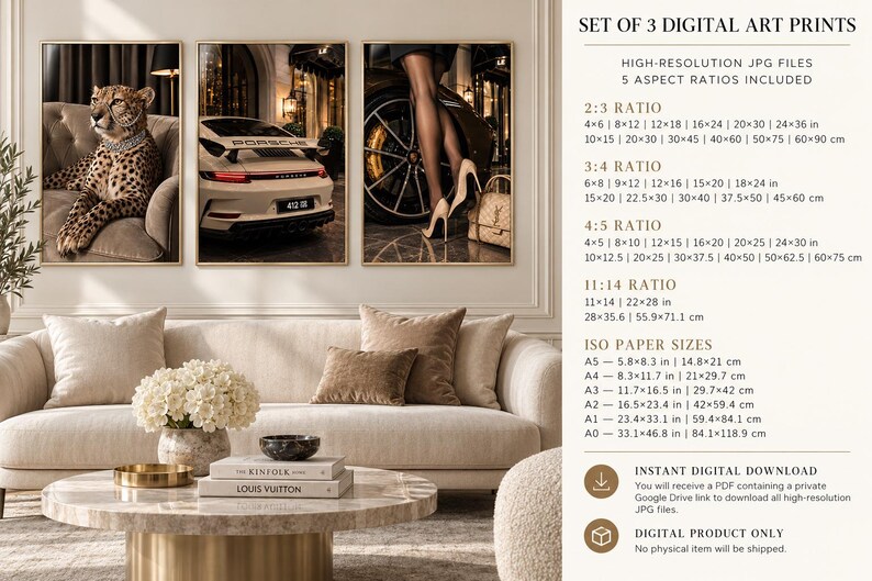 May include: A set of three digital art prints featuring a cheetah on a sofa, the rear of a white Porsche, and legs in heels next to a car wheel. The text lists aspect ratios and ISO paper sizes for high-resolution JPG files available for download.