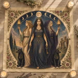 May include: A square fabric altar cloth featuring a central illustration of three figures representing maiden, mother, and crone, flanked by two black dogs. The design includes a moon cycle, torches, a sword, a key, and floral borders in muted tones.